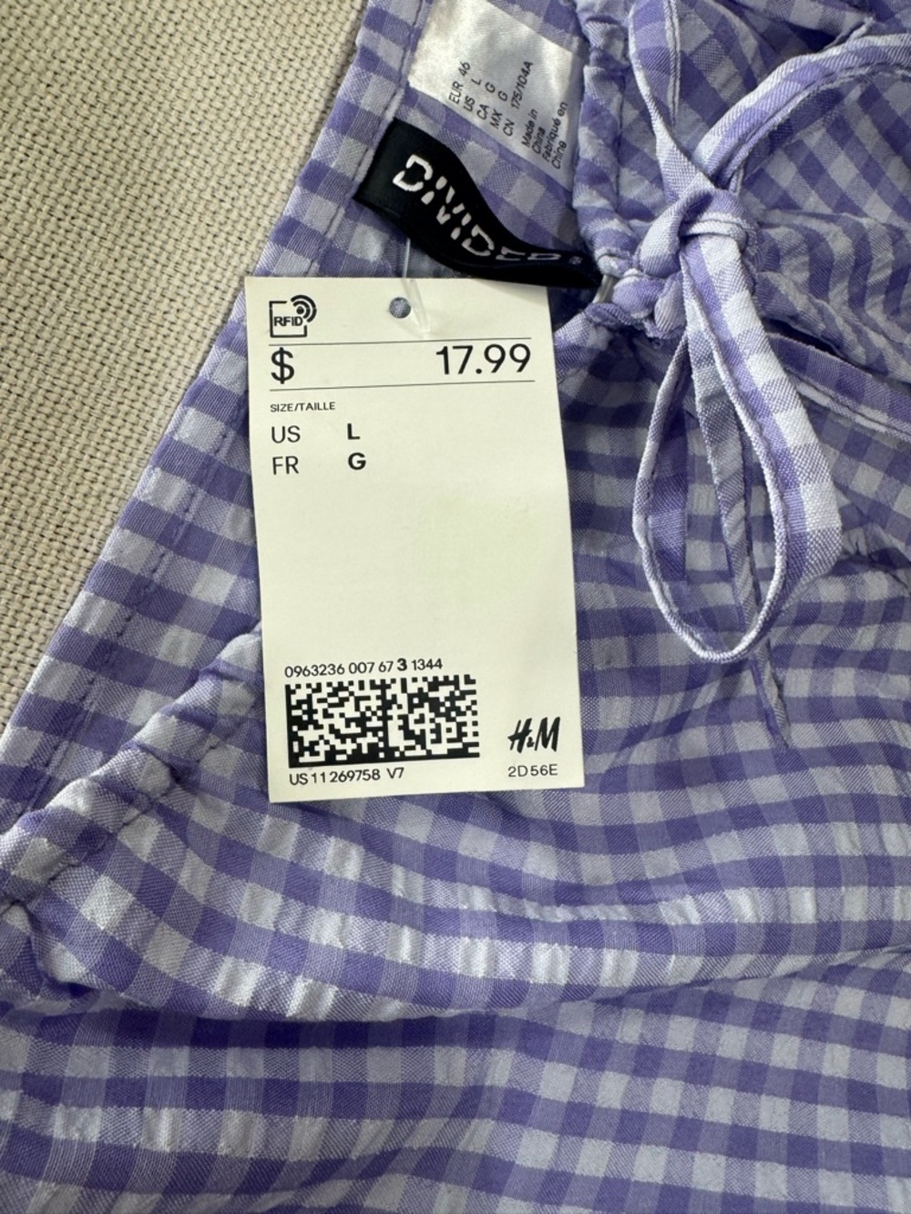 H&M Lavender Gingham Tie-Front Puff Sleeve Blouse - Picture 8 of 10